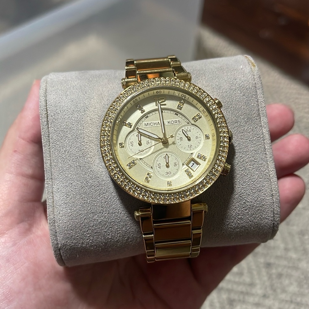 Michael Kors Gold Chronograph Watch with Crystal Bezel